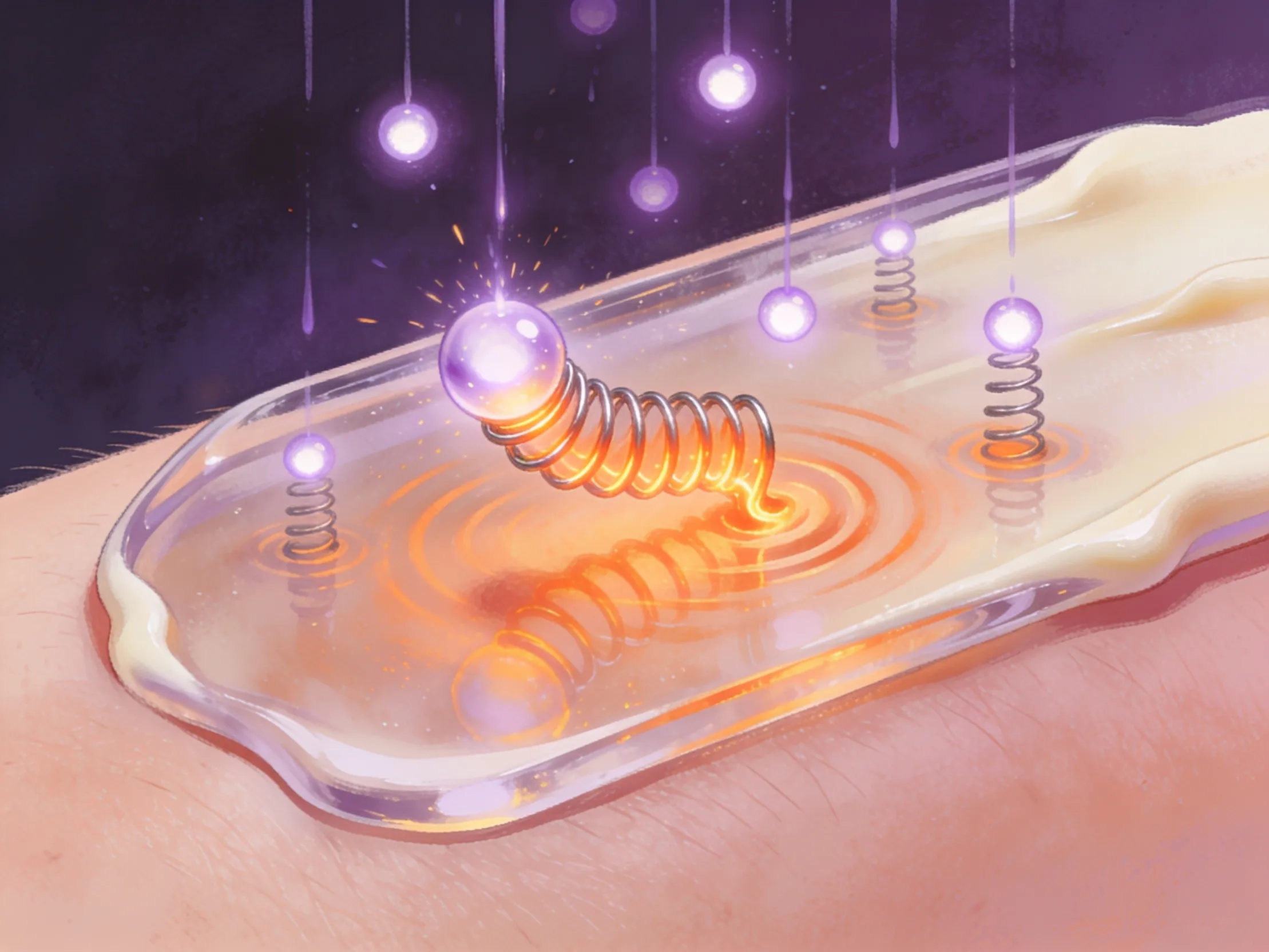 A painted magnified view of violet light falling into a clear film, one spring-shaped molecule glowing and stretching as orange ripples spread outward