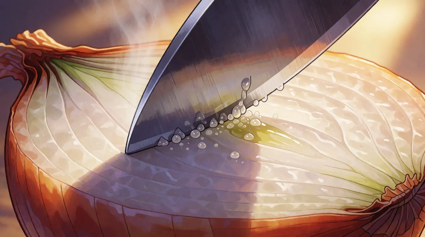 A painted close-up of a knife blade passing through an onion, cells bursting along the cut and a faint shimmer rising off the surface