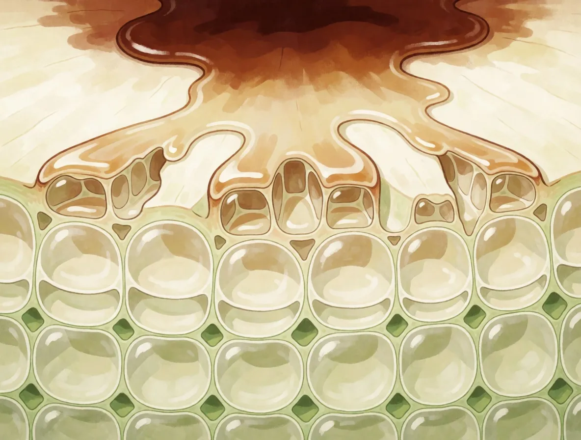 A painted magnified view of a freshly cut apple surface, torn cells spilling liquid that darkens in the air