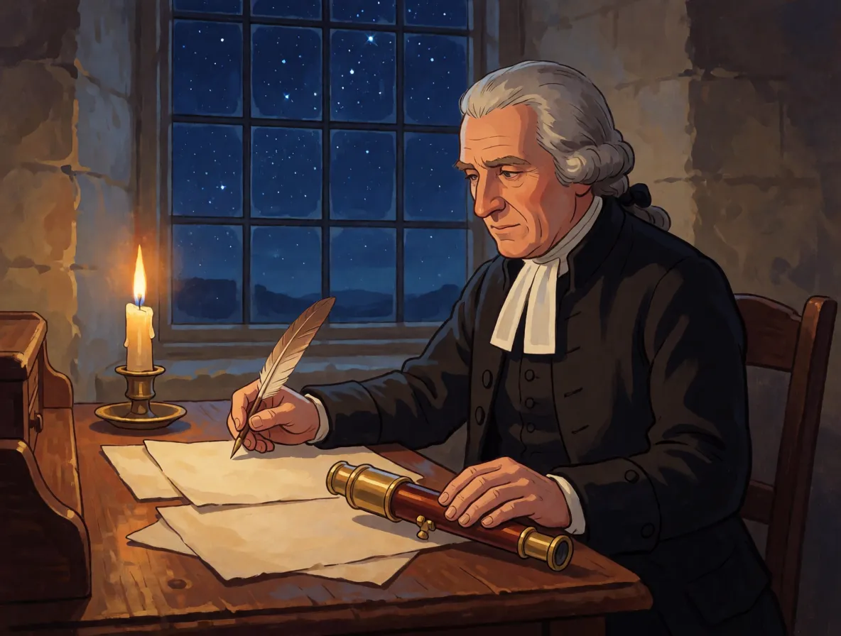 A painted eighteenth-century clergyman writing by candlelight, a brass telescope beside him