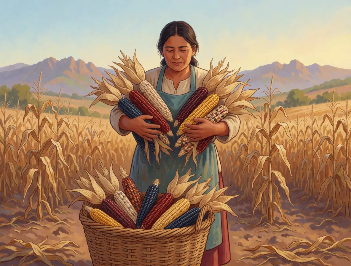 A farmer in a Mexican highland field holding an armful of multicolored maize ears
