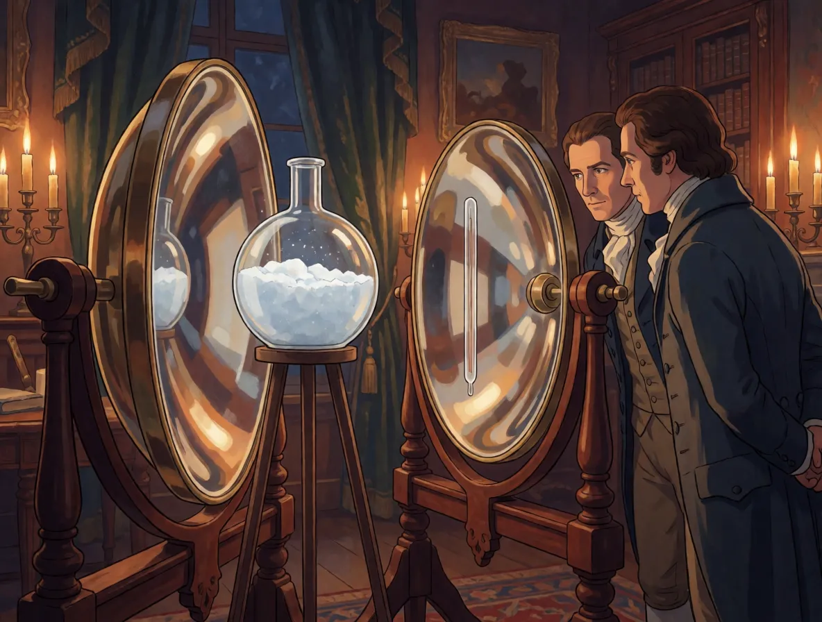 Two large polished curved mirrors facing each other across a candlelit eighteenth century room, a flask of snow before one and a thermometer before the other