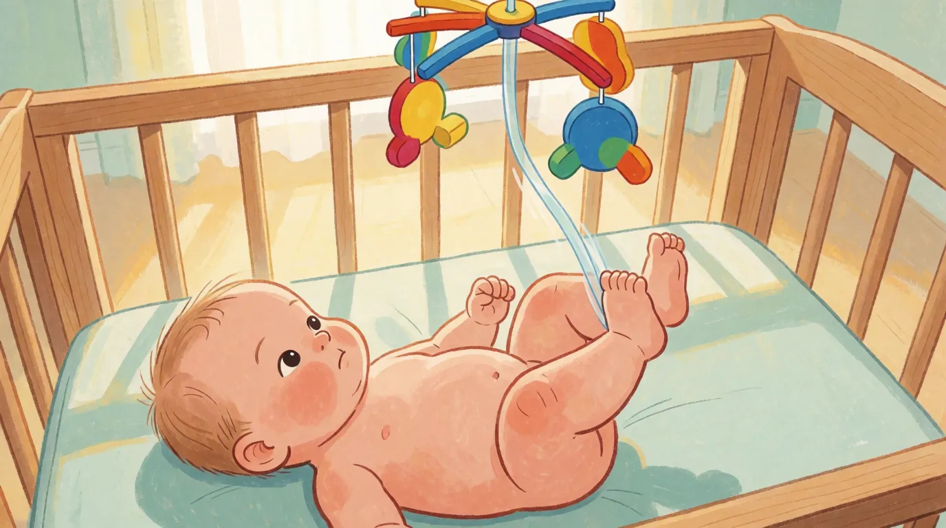 A baby lying under a colorful hanging mobile with a ribbon running from one ankle up to it
