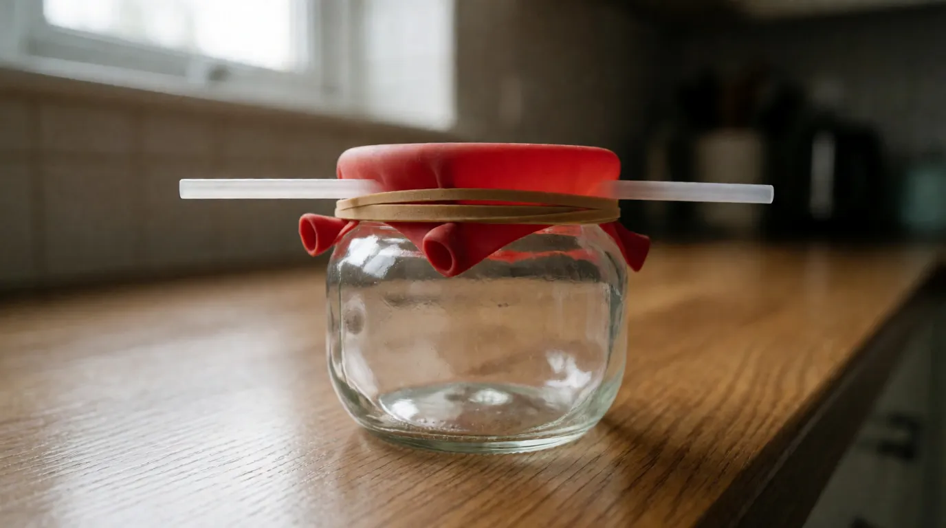 A photograph of a small glass jar with a balloon stretched over its mouth and a drinking straw trapped under the rubber band
