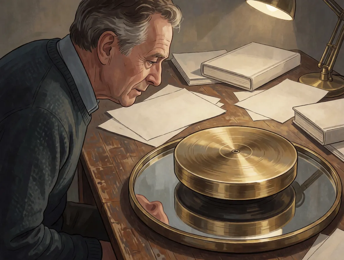 A mathematician at a desk with a heavy metal disk spinning on a mirrored base beside sheets of plain calculations