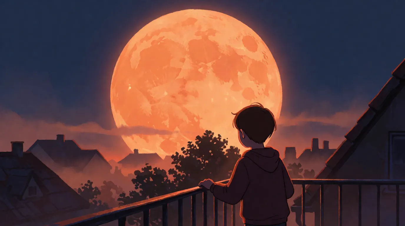 An enormous orange full Moon rising behind a row of dark rooftops while a person on a balcony watches