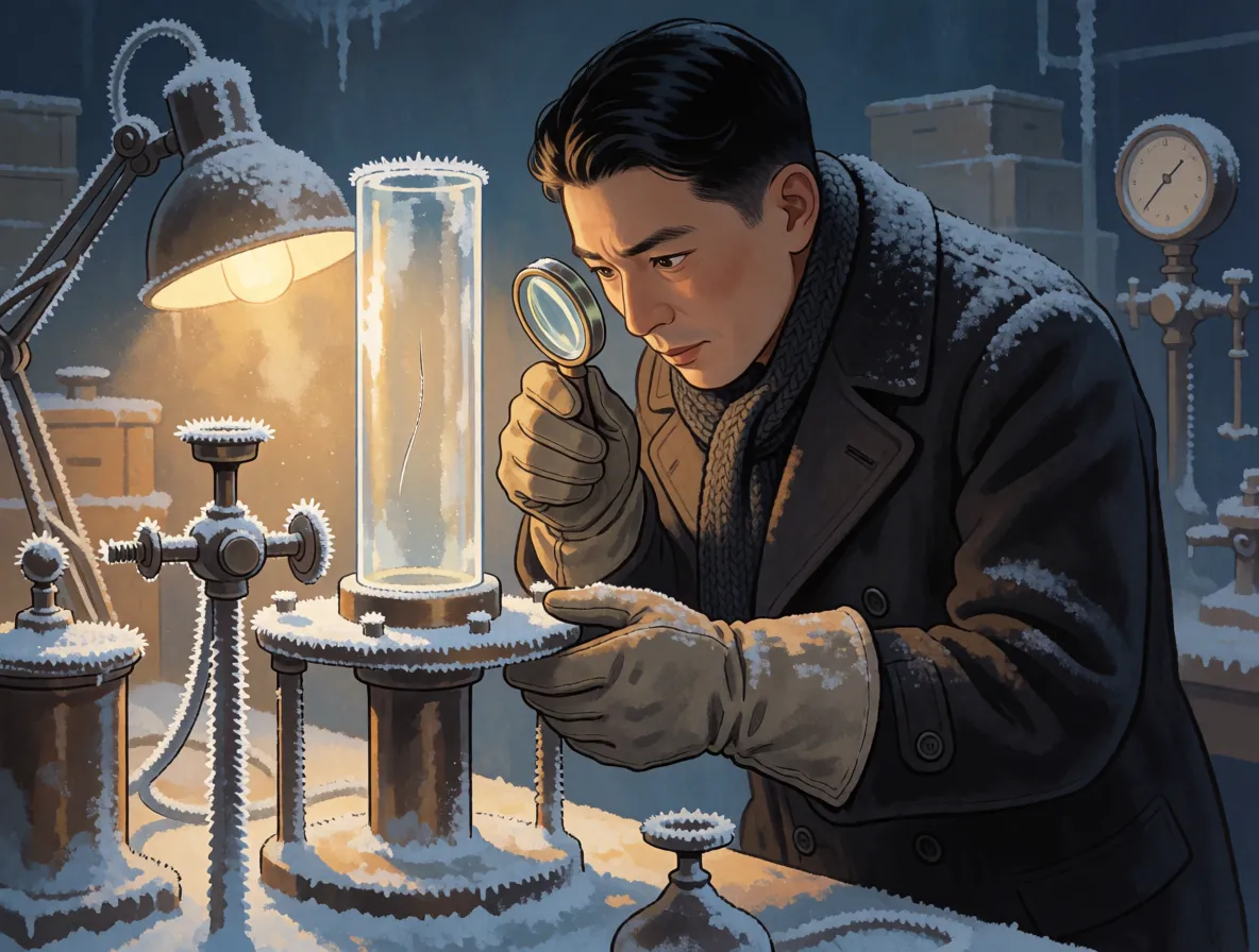 A man in a heavy coat inside a freezing laboratory, examining a hair suspended in a tall glass cylinder