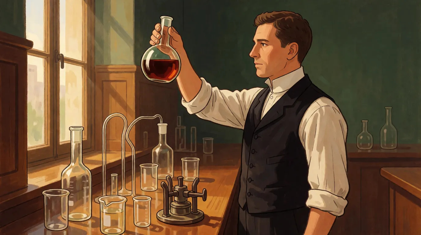 A painted scene of a French chemist in his thirties in a 1910s laboratory, holding a flask of brown liquid up to the window light