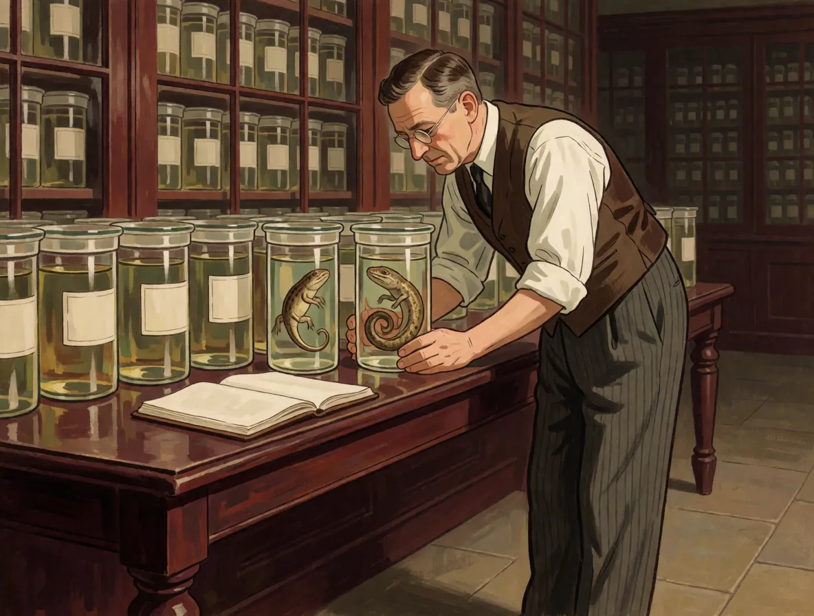 A surgeon in nineteen forties clothing in a museum room comparing preserved animal throat specimens on a bench