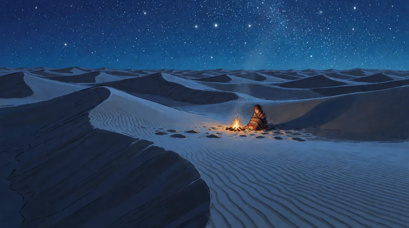 Moonlit sand dunes under a sky crowded with stars, a person wrapped in a blanket beside a small fire