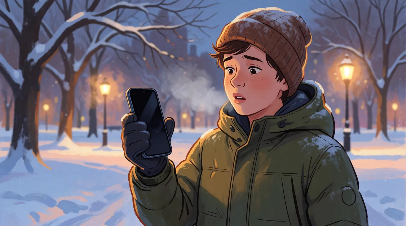 A teenager standing in the snow in a park looking at a phone with a completely black screen