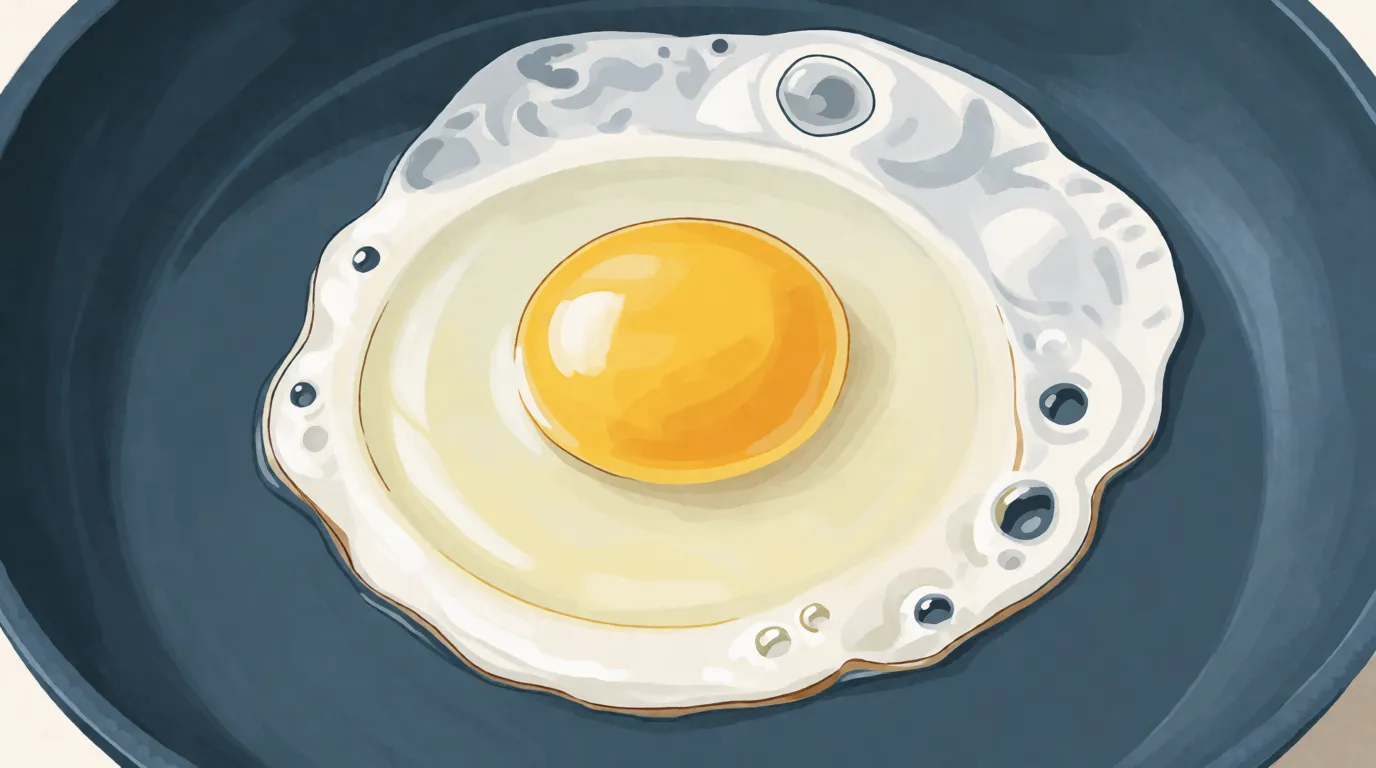 An egg cracked into a hot frying pan with the white turning from clear to opaque outward from the edges