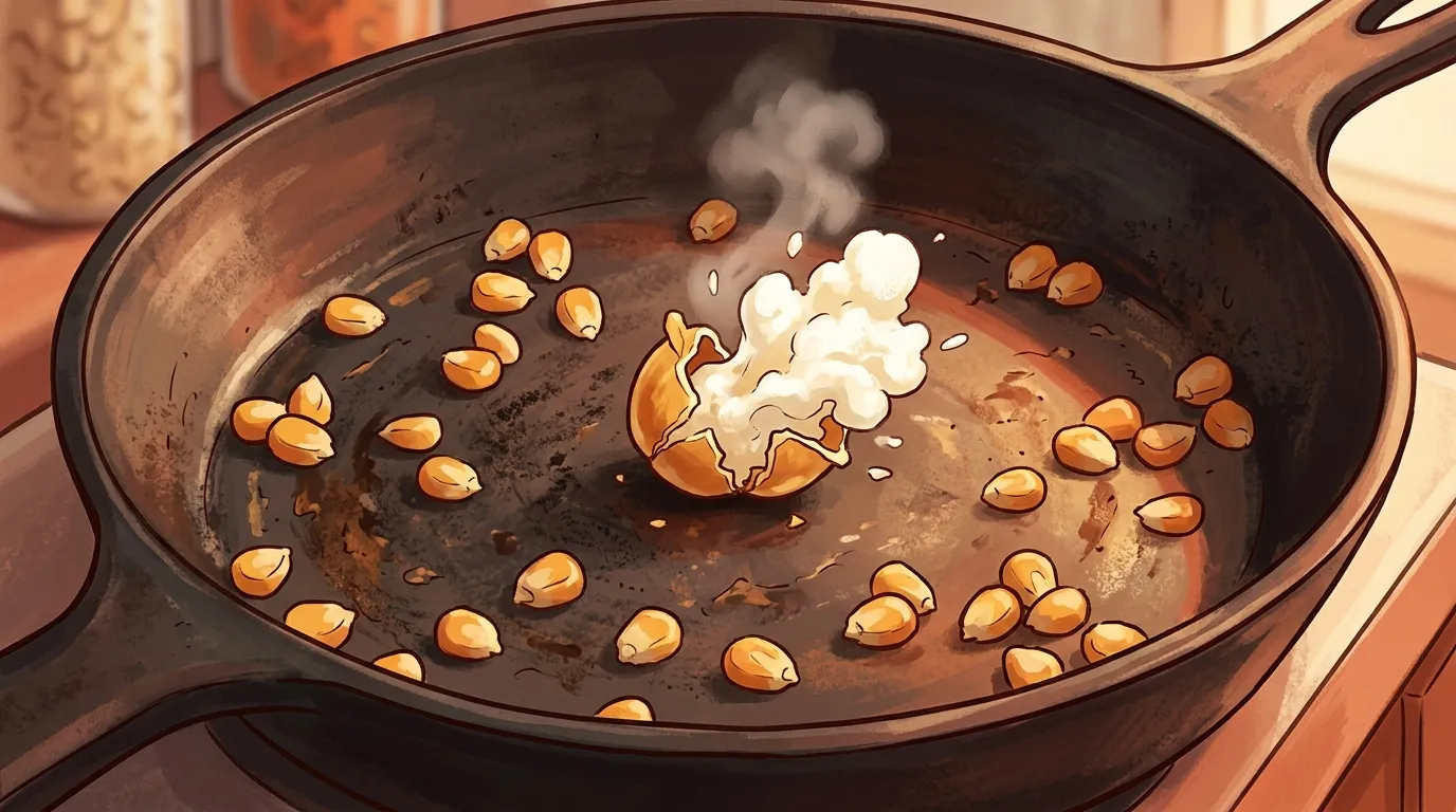 A painted view inside a hot pan, one kernel caught in the act of bursting into white while whole kernels sit around it