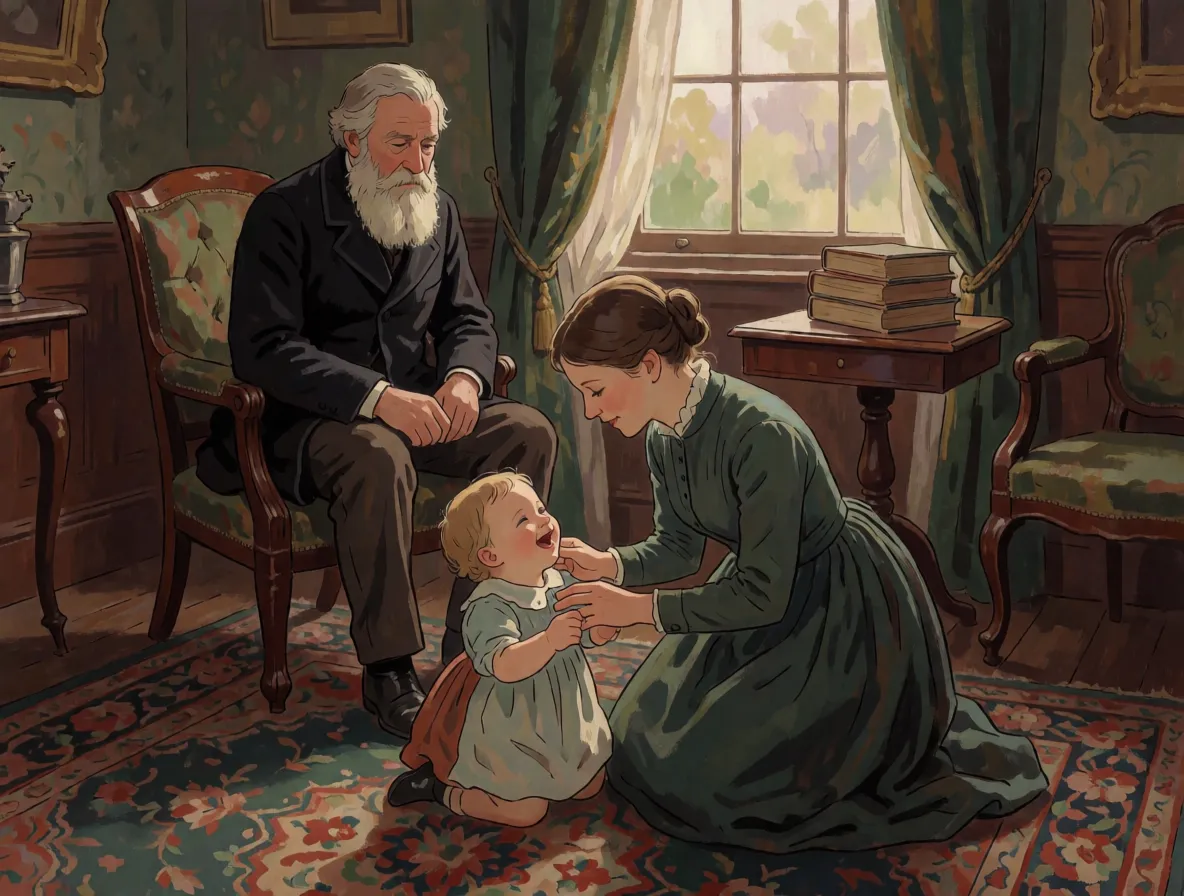 A bearded naturalist in a Victorian parlor watching a laughing toddler being tickled by a young woman