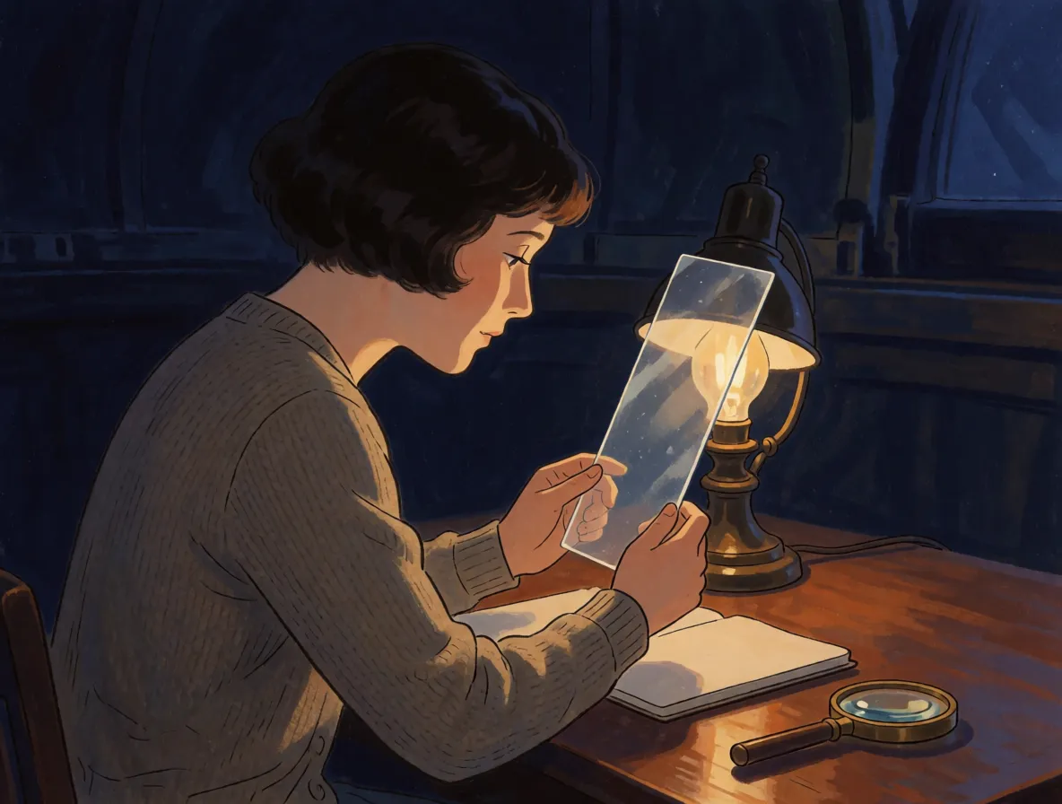 A painted scene of a young woman in 1920s clothing holding a long glass plate up to a desk lamp in a dark observatory room