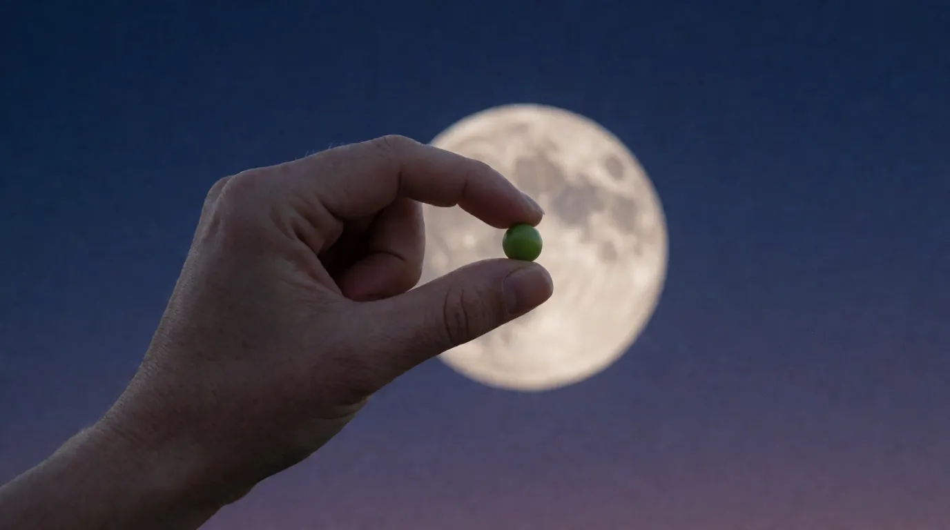 A photograph of a hand holding a small green pea between finger and thumb, held up against a full Moon in a twilight sky