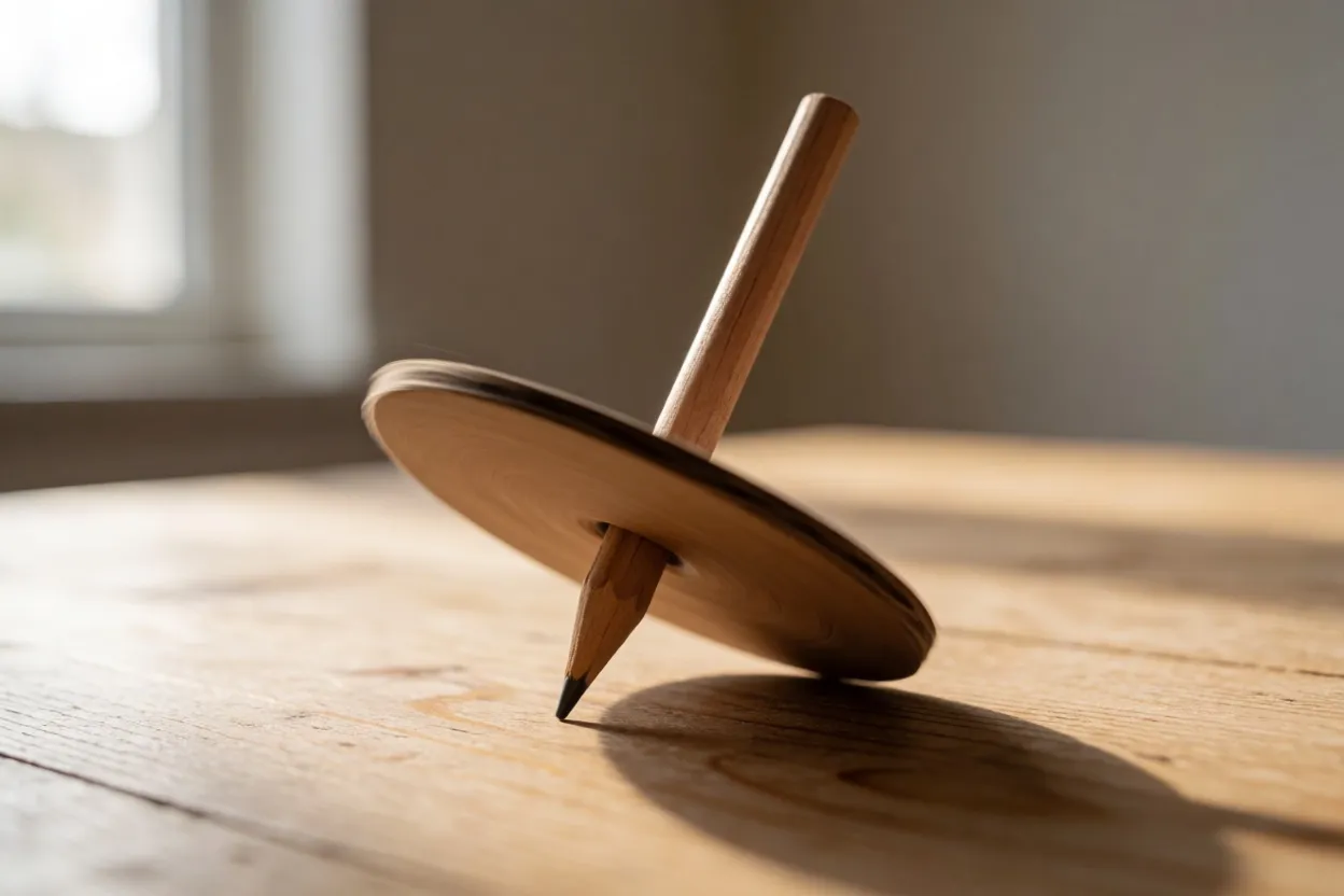 A pencil pushed through a round wooden disc, spinning and leaning on a table