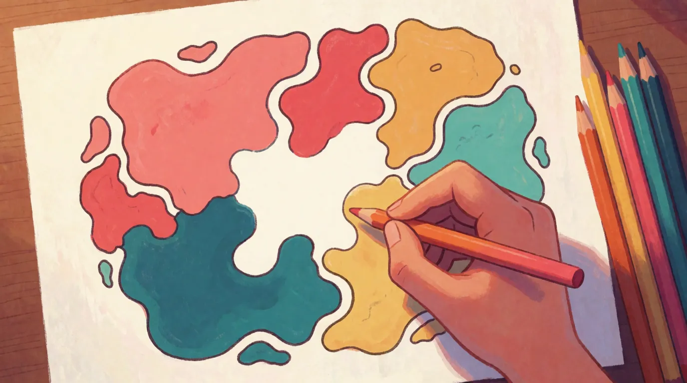A hand coloring an invented map with four coloring pencils, one region still left white