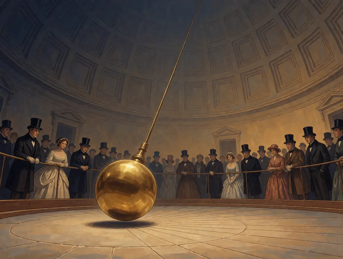 An enormous pendulum on a long wire swinging beneath a domed ceiling while a crowd of people in eighteen fifties clothing watches
