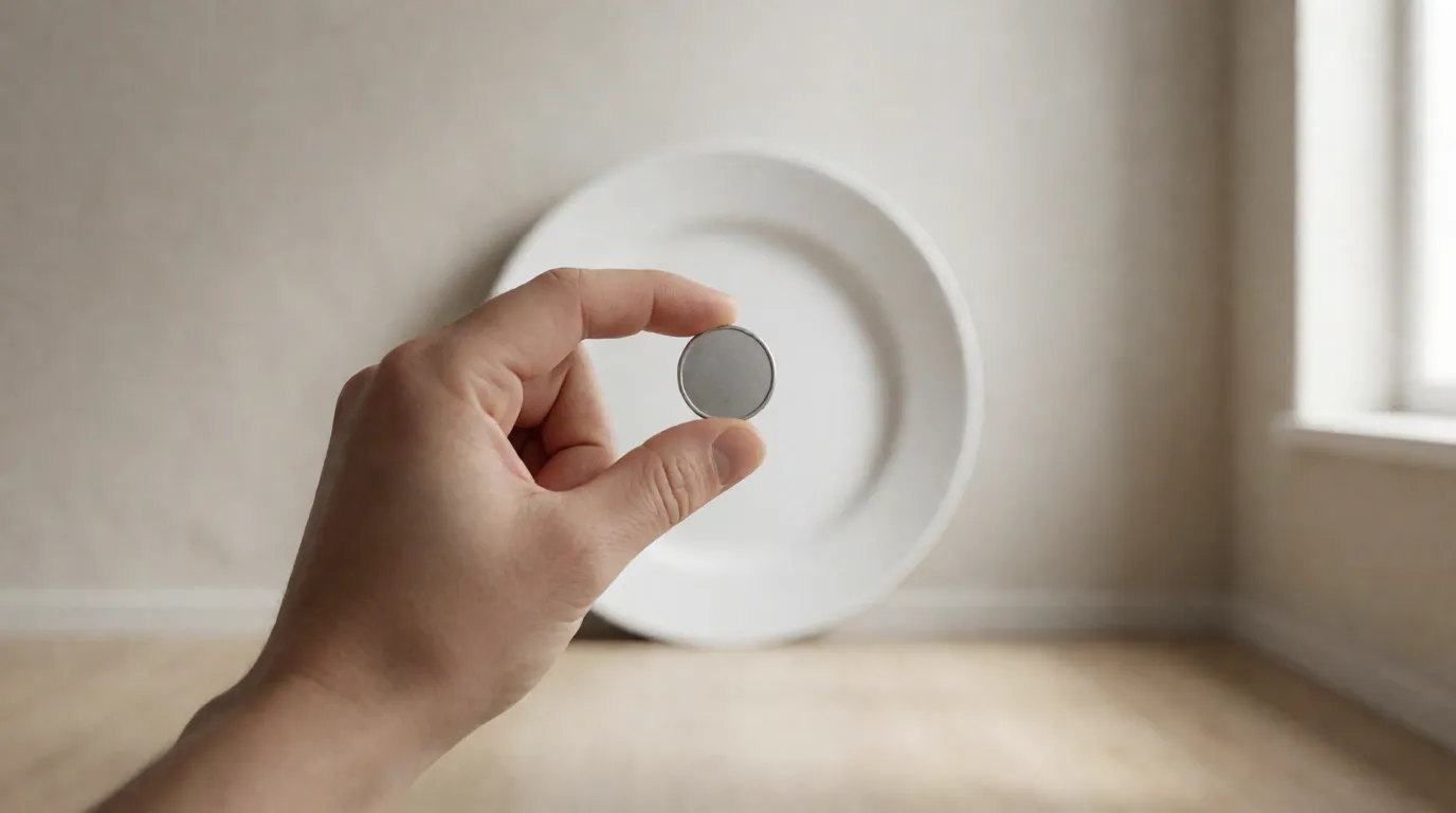 A photograph of a hand holding a small coin at arm’s length so that it exactly covers a white dinner plate propped against a wall across the room