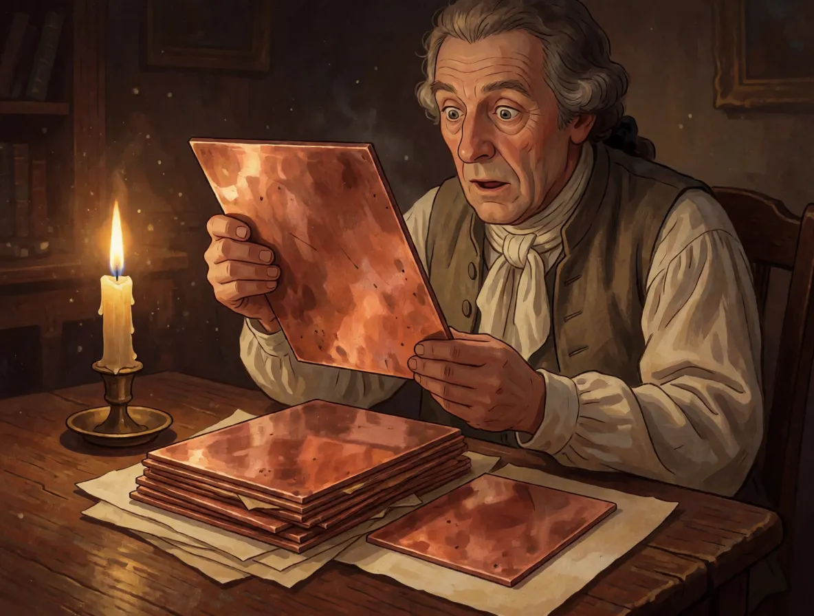 A man in seventeen hundreds clothing examining old copper printing plates by candlelight in a study, more plates stacked on the table