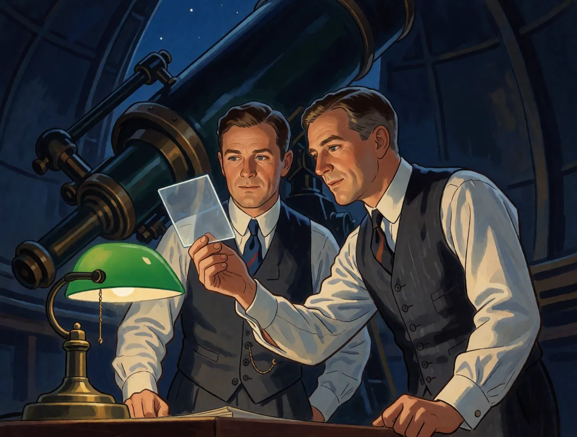 Two painted astronomers in a domed observatory at night, holding a blank glass plate to a lamp