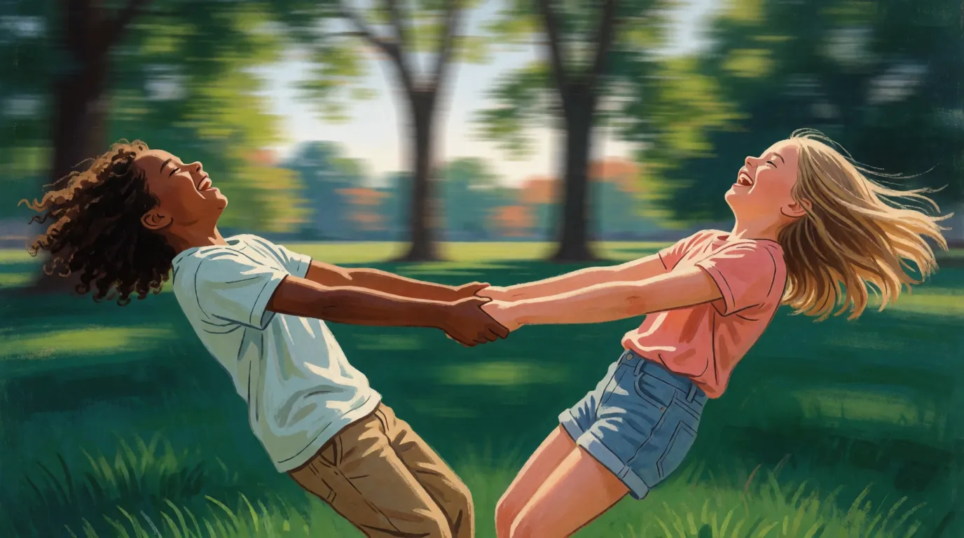 Two children spinning each other round by the hands on a patch of grass, leaning back and laughing