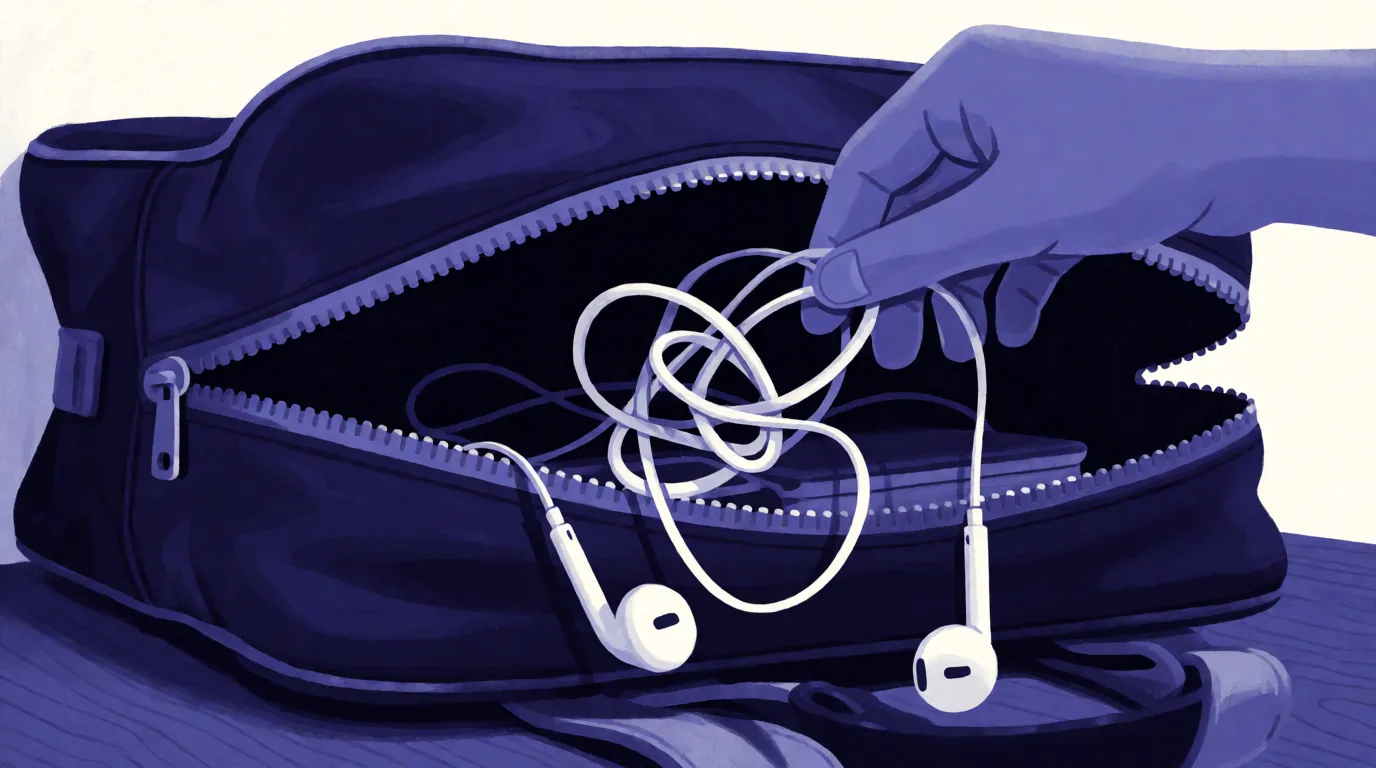A pair of wired earphones pulled from a bag with several tight knots along the cable