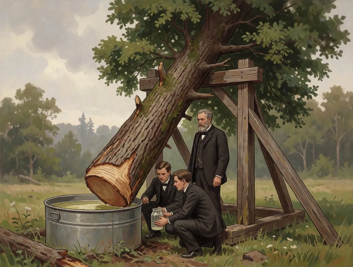 Nineteenth-century botanists beside a felled leafy tree, its sawn end in a tub of liquid