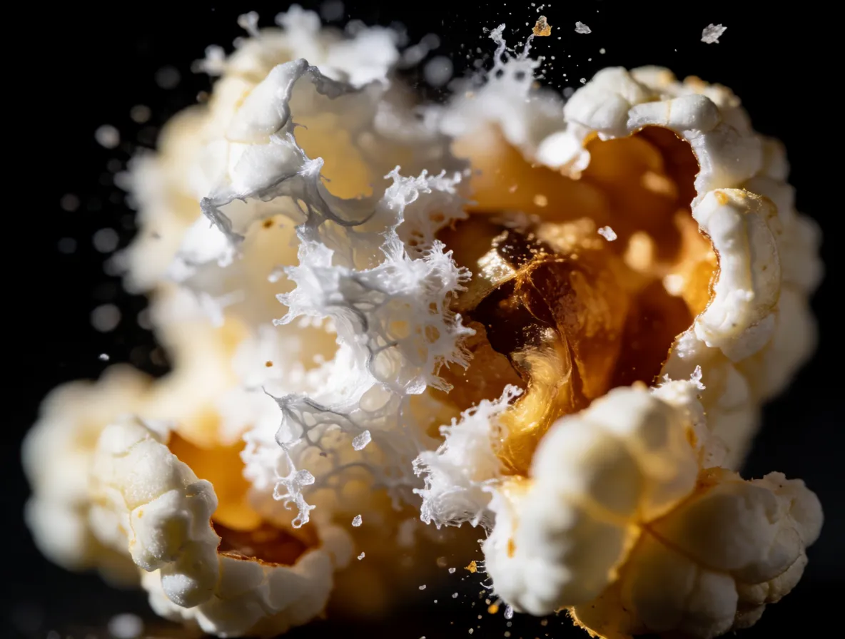 A high-speed close-up of a popcorn kernel bursting into white foam above a hot plate