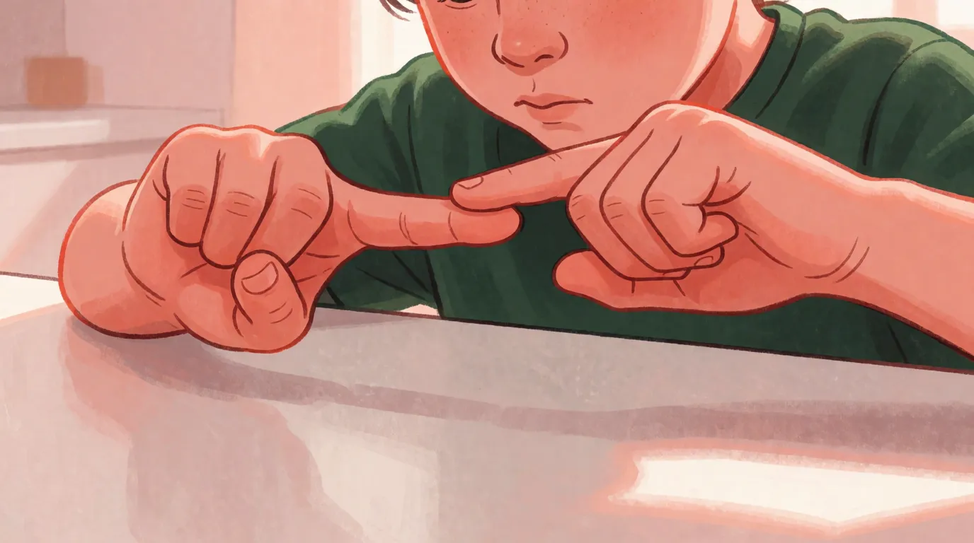A close view of a teenager gripping their index finger with the other hand and pulling it straight outward