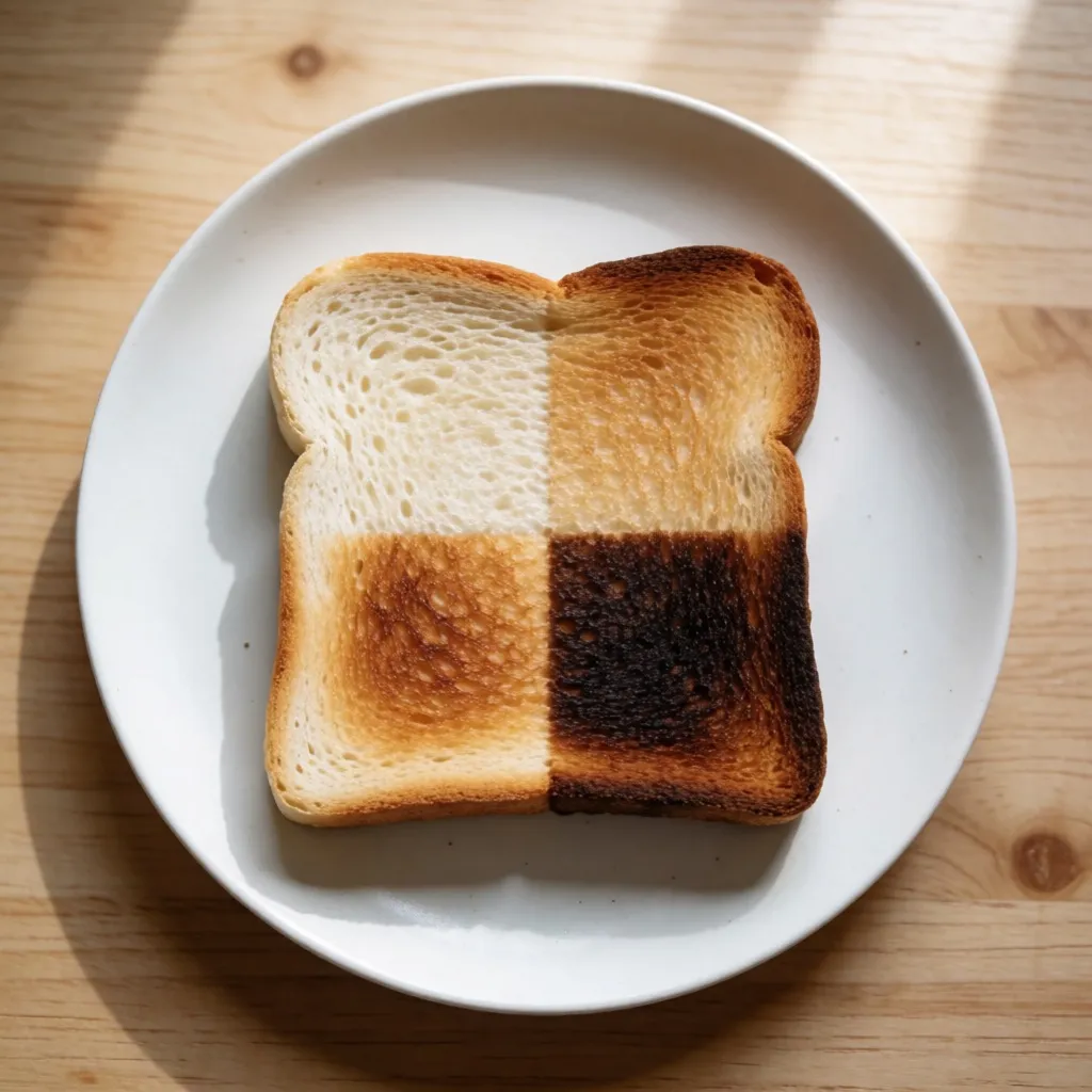 A photograph of one square slice of toast on a white plate, its four quarters browned to four clearly different shades