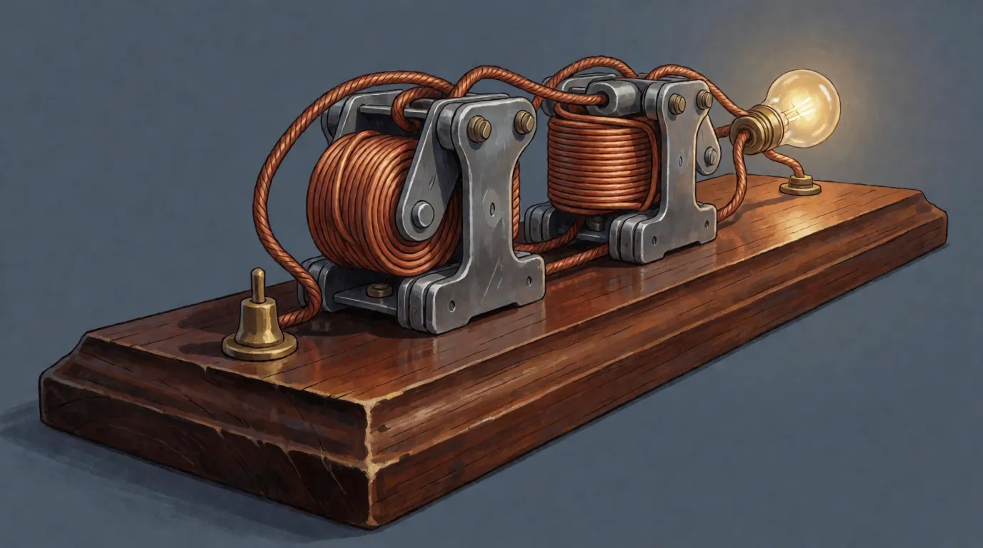 Two coils of copper wire mounted one behind the other on a wooden board, wired to a glowing lamp