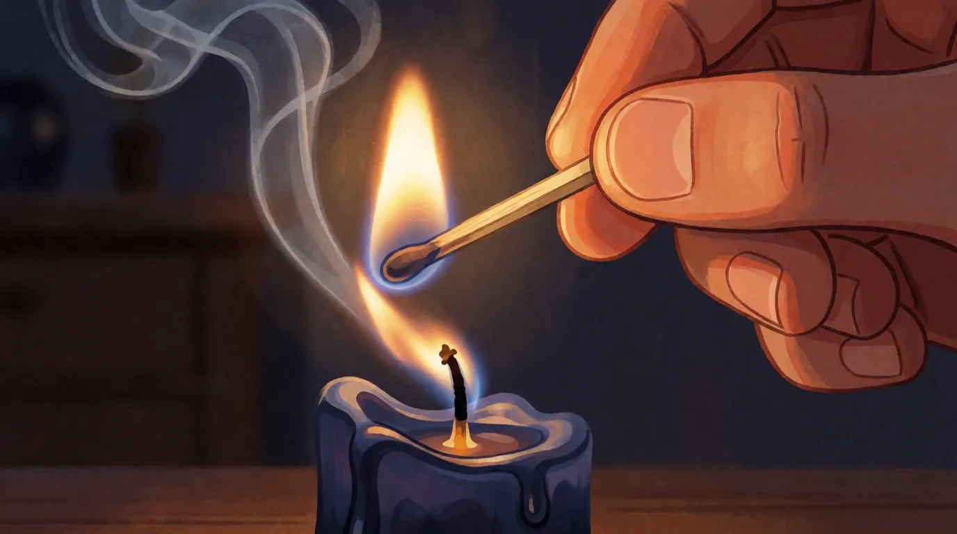 A hand holding a lit match into the ribbon of smoke above a just blown out candle, with flame traveling down the smoke toward the wick