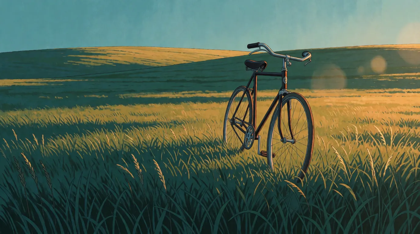 An empty bicycle rolling upright across a grass field, its handlebars turned slightly to one side