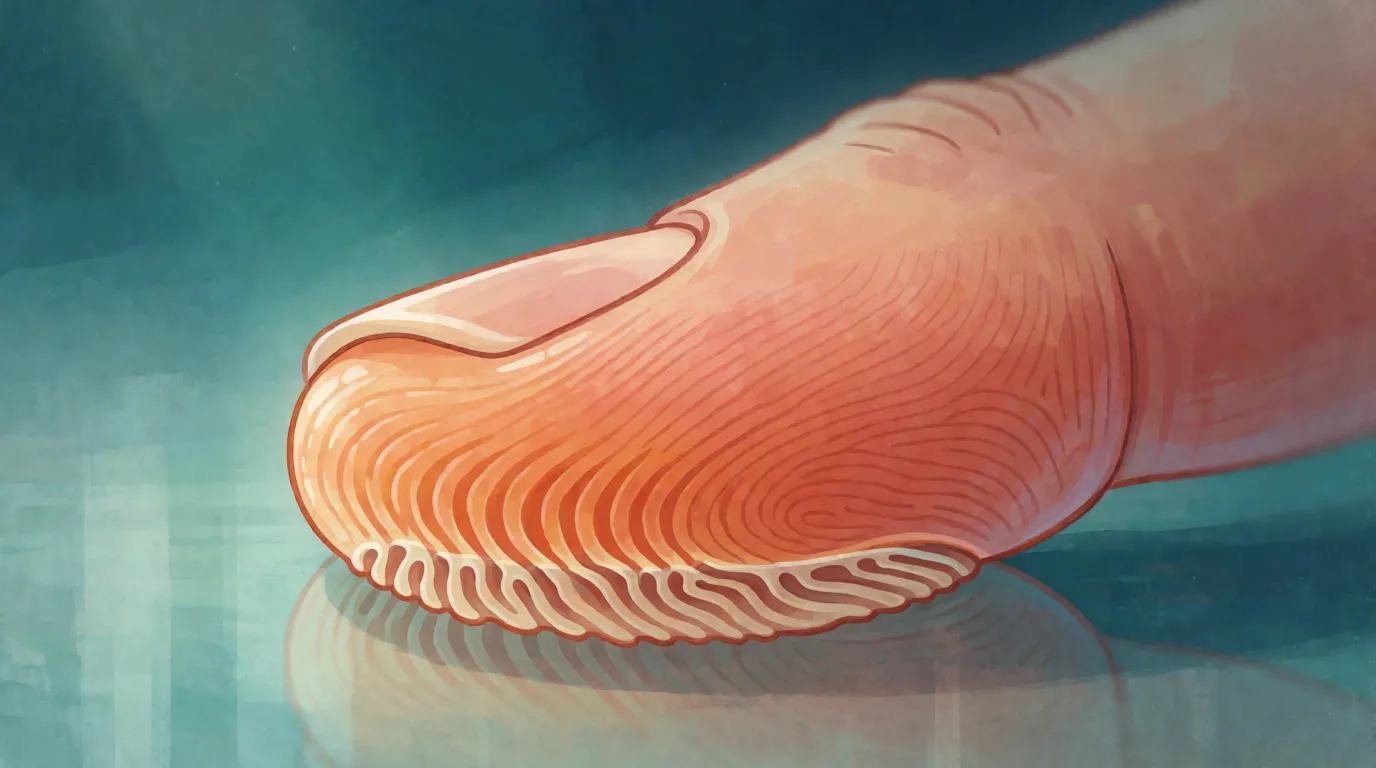 An extreme close view of a fingertip pressed on glass showing raised ridges touching and valleys held clear