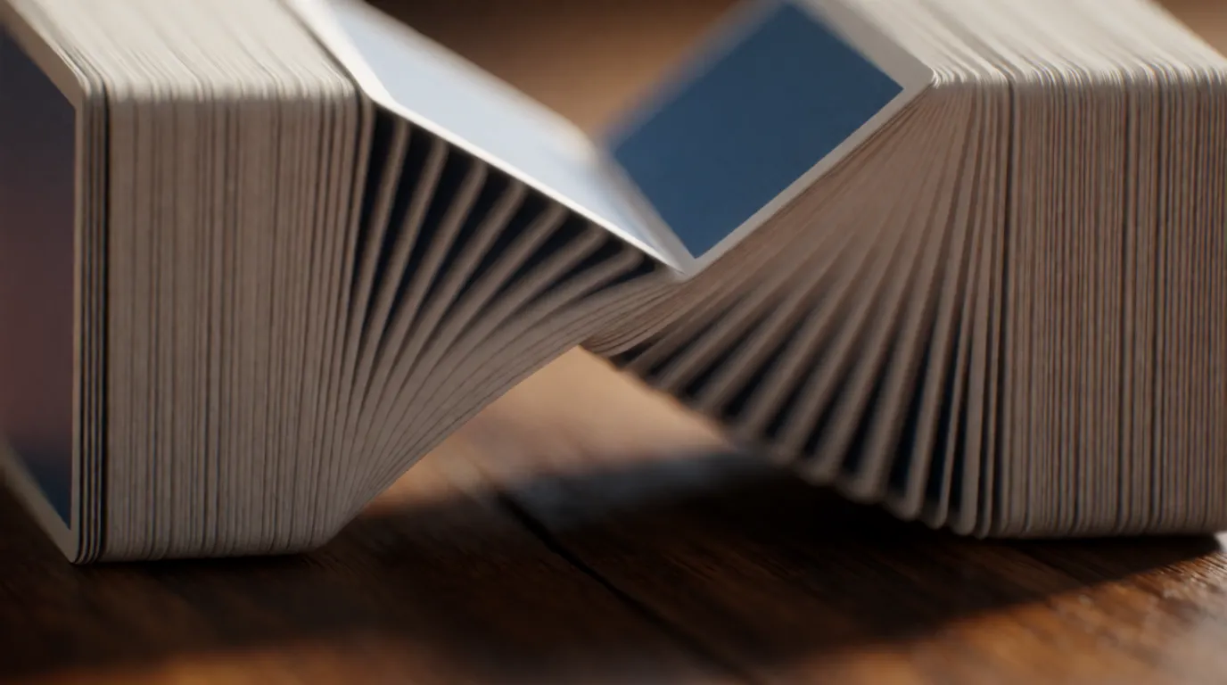 A close-up photograph of a deck of cards springing back together during a shuffle
