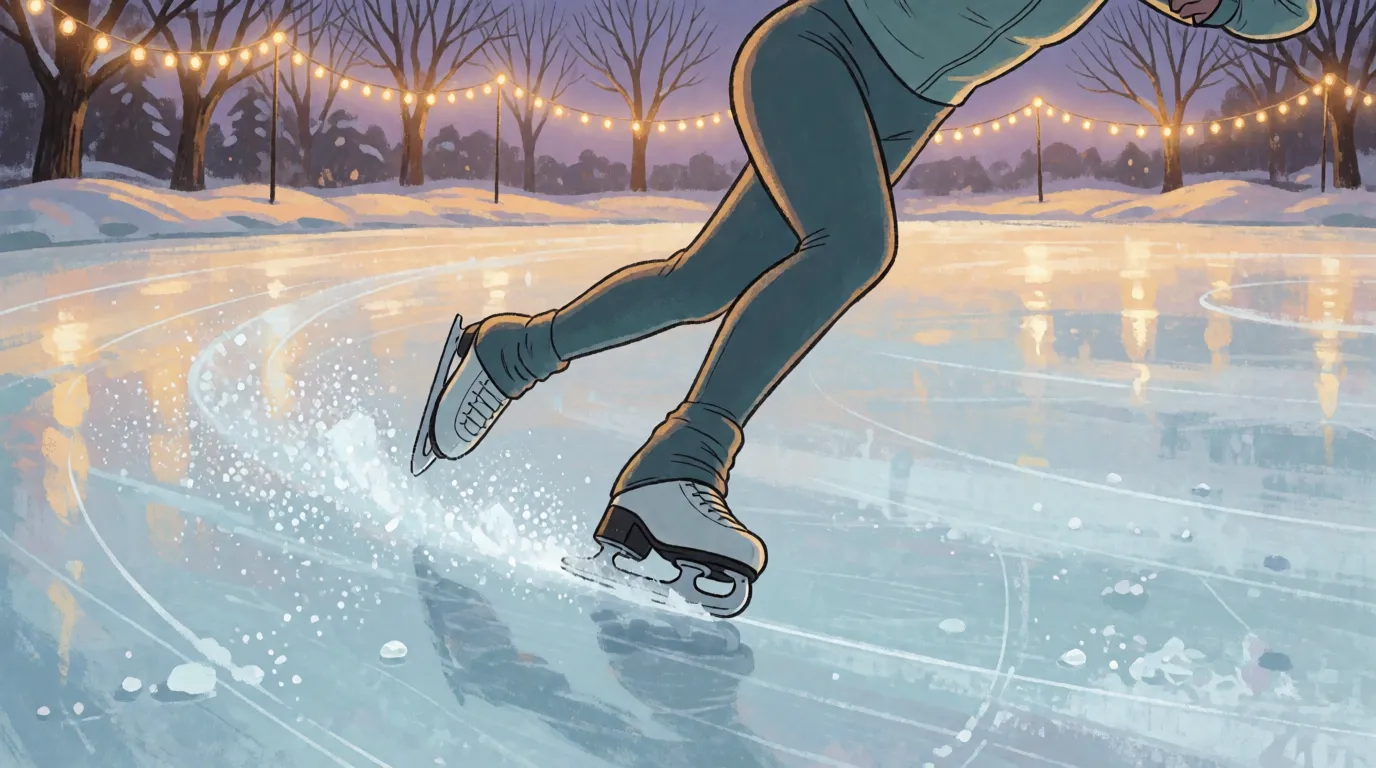 A skater gliding across an outdoor ice rink at dusk with a fine spray of ice crystals behind the blade