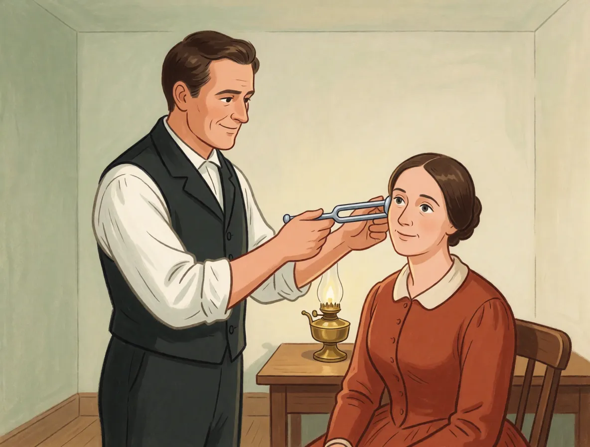 A painted 1850s consulting room, a doctor pressing the base of a tuning fork against the bone at the side of a seated patient's head