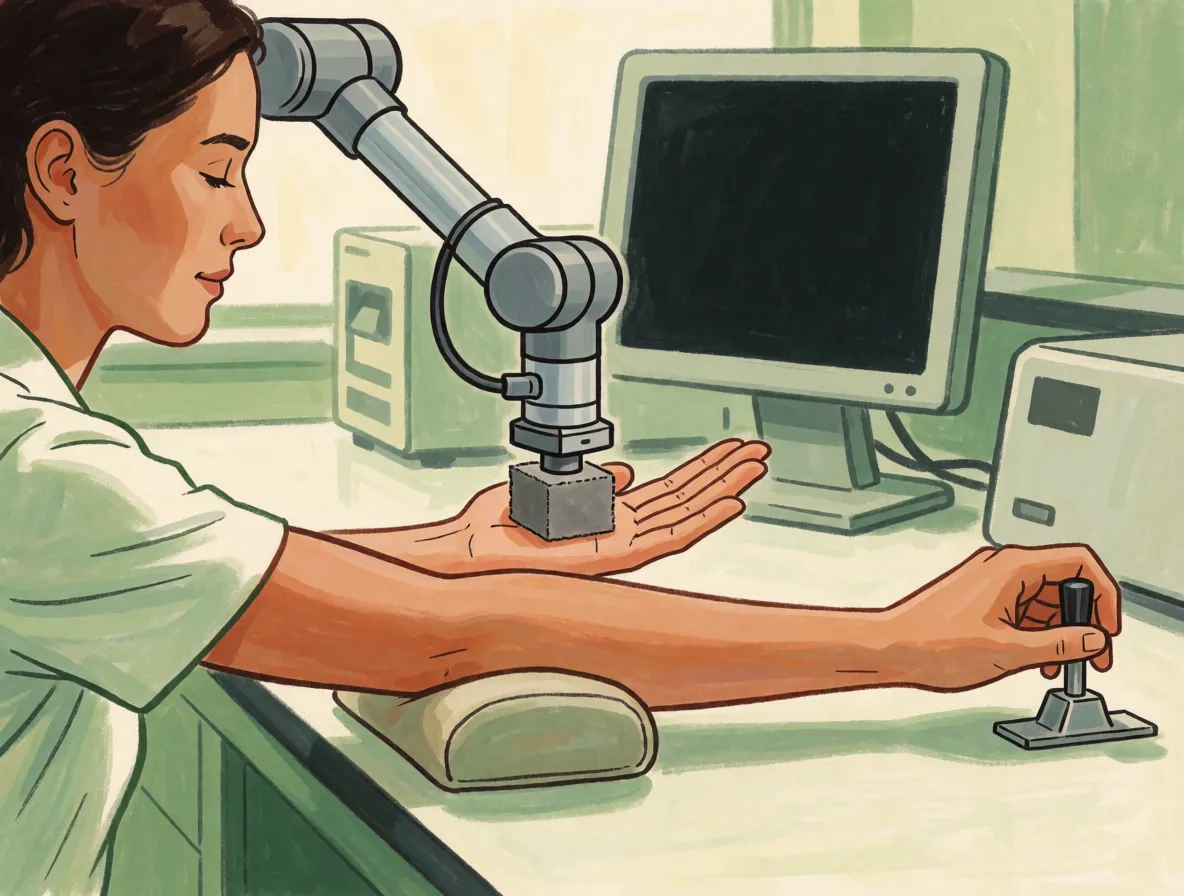 A young woman at a laboratory bench pushing a lever with one hand while a robot arm strokes her upturned palm