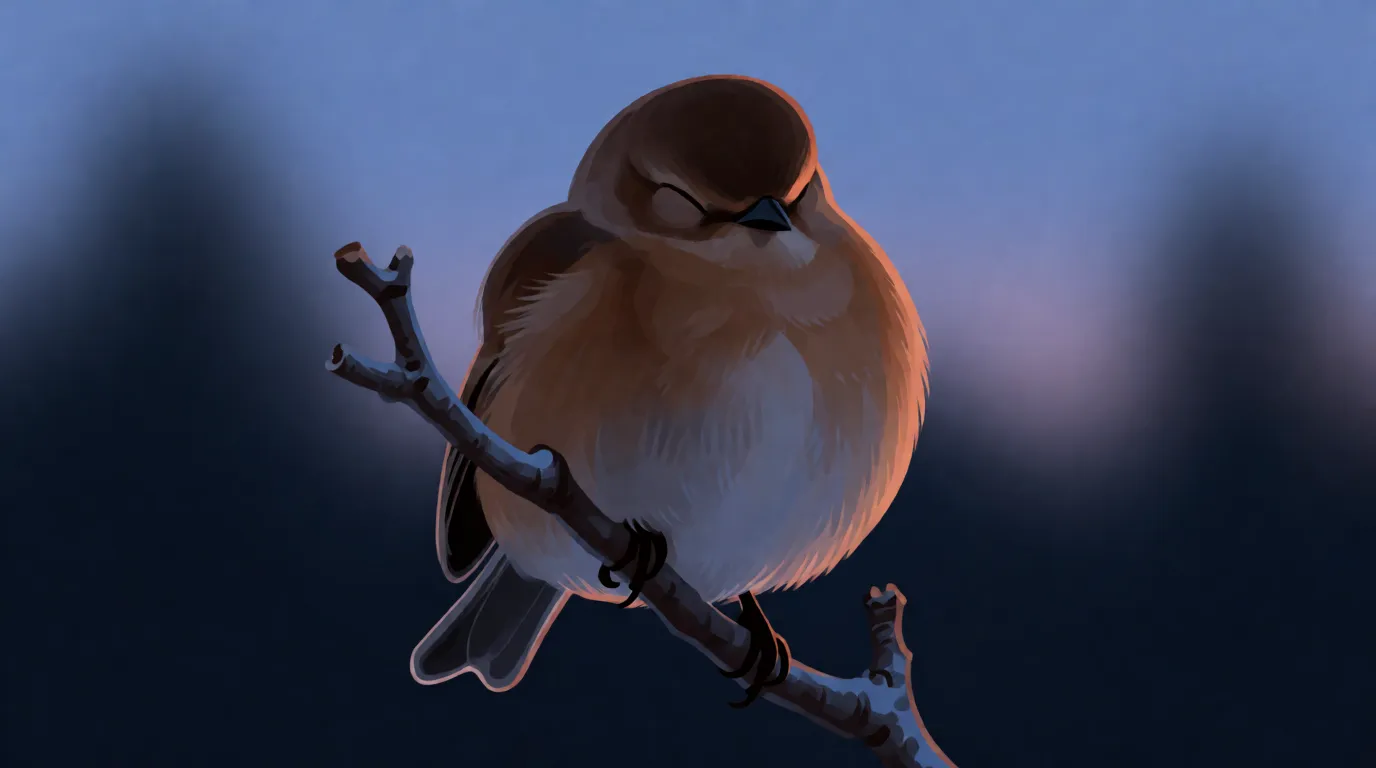A small songbird asleep on a bare twig with its feathers fluffed and its beak tucked into its back