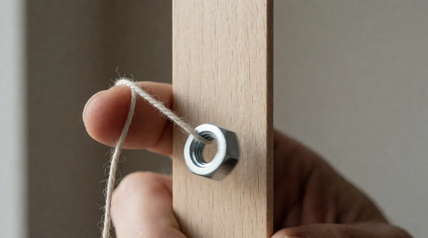 A photograph of a small metal weight hanging on a string from a finger, with a ruler held alongside it