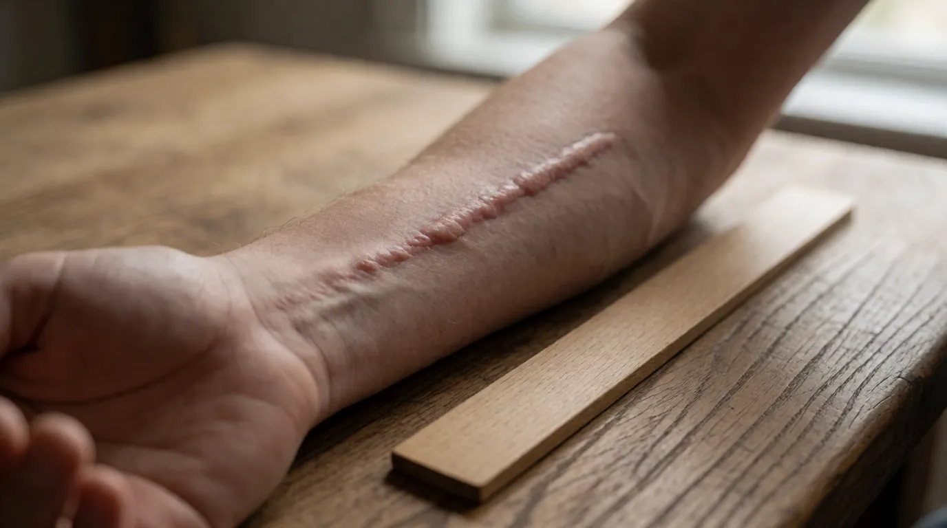 A photograph of a forearm with a ruler laid beside a raised red line on the skin