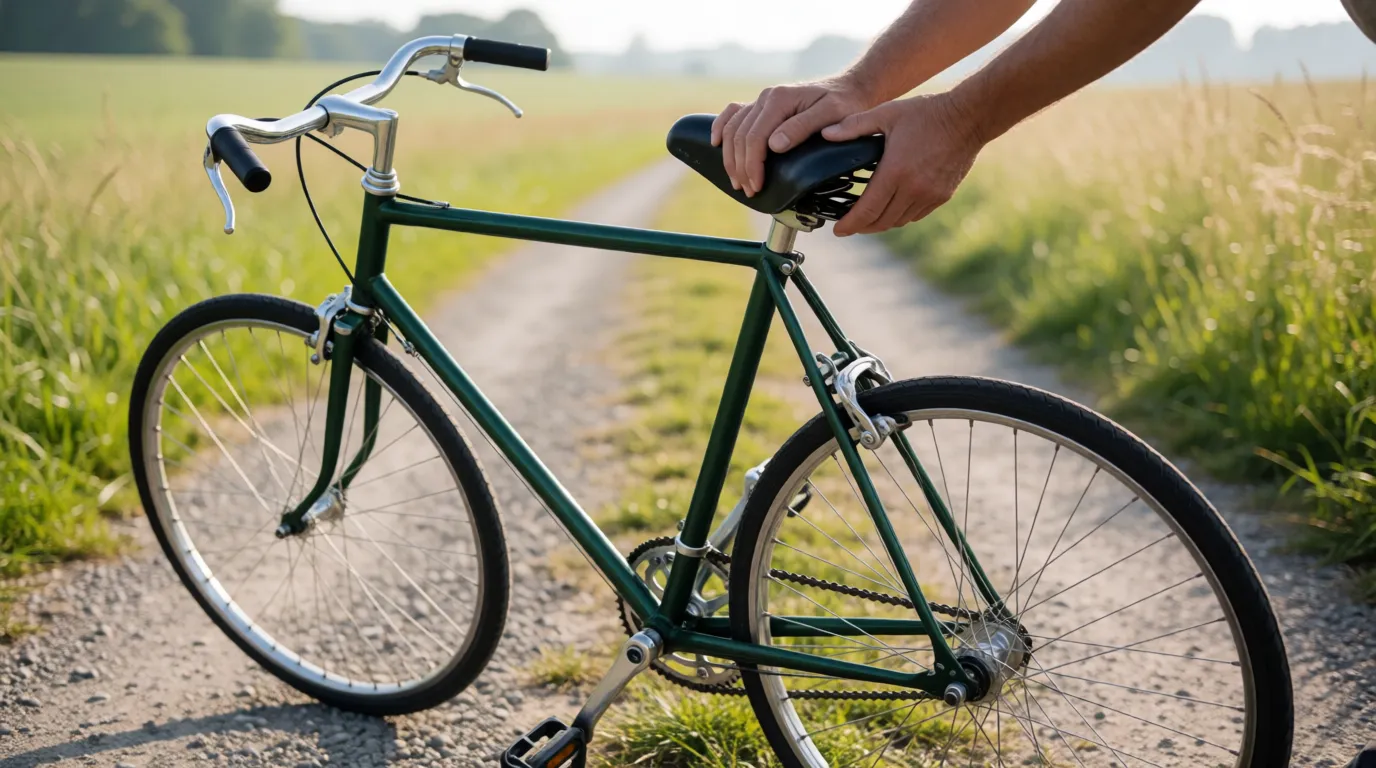 A photograph of two hands holding a bicycle upright by the saddle alone, tilted to one side, with the front wheel turned the same way