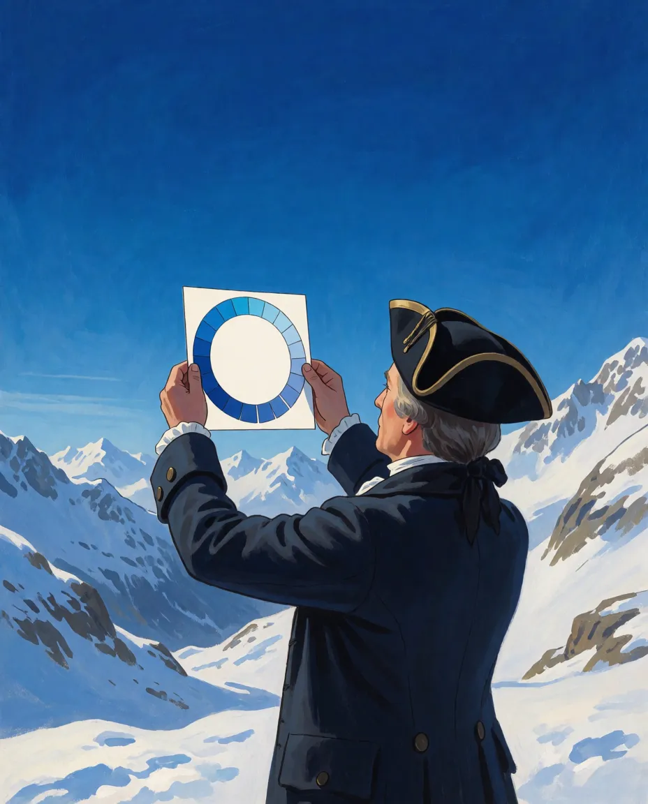 A man in an eighteenth-century coat holds a ring of blue paper strips up against an alpine sky