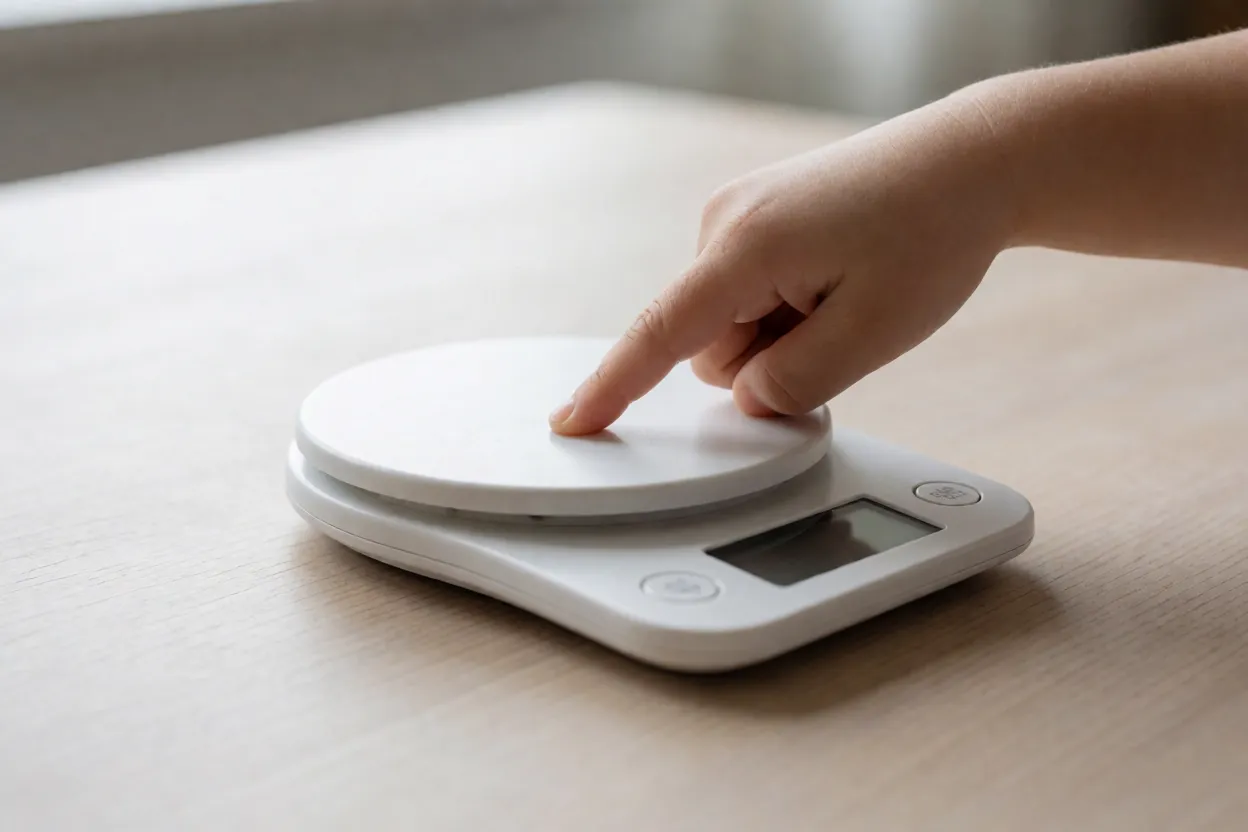 A photograph of a fingertip pressing down on a small digital kitchen scale, its display blank