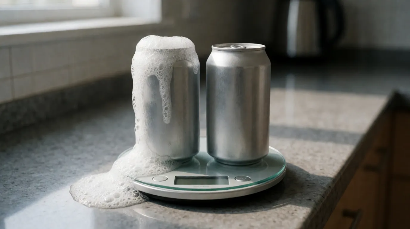 A photograph of two identical drink cans standing on a small digital kitchen scale on a counter, the left one foaming over