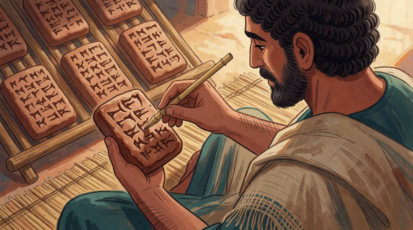 A scribe in ancient Mesopotamian clothing pressing a cut reed into a small wet clay tablet