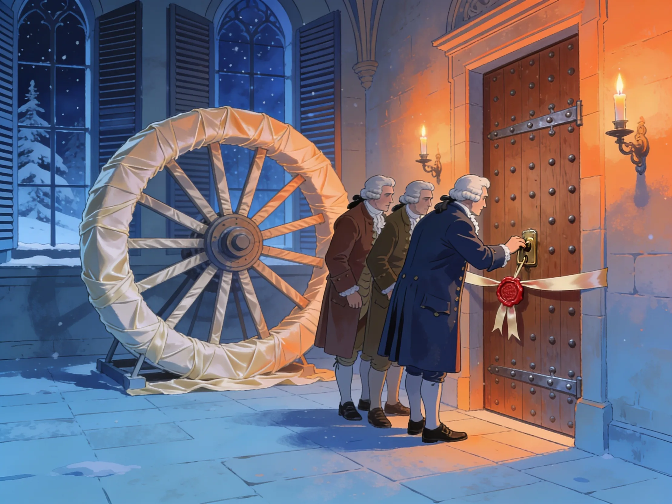 Men in wigs pressing a wax seal onto a locked door, a cloth-covered wheel behind them