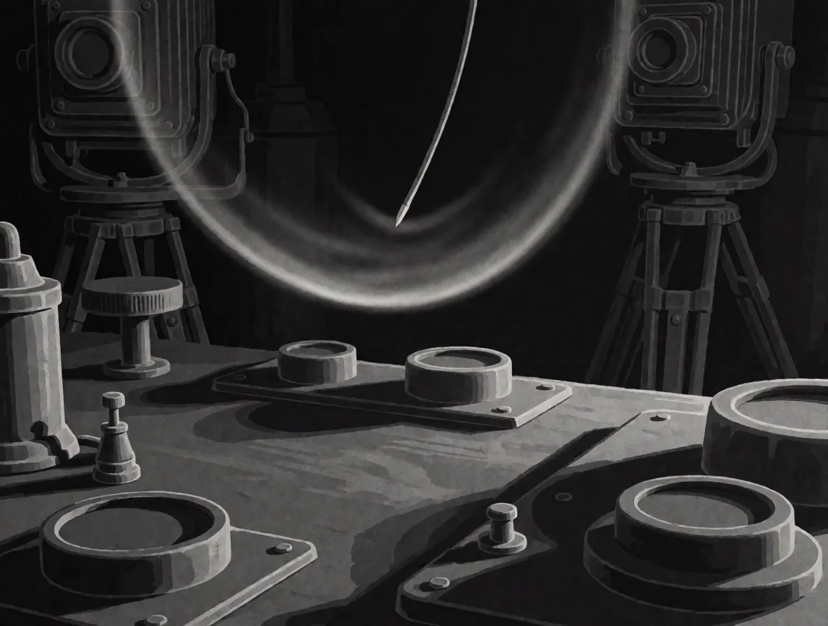 A dark laboratory photograph of a whip tip with a pale curved shock wave spreading away from it